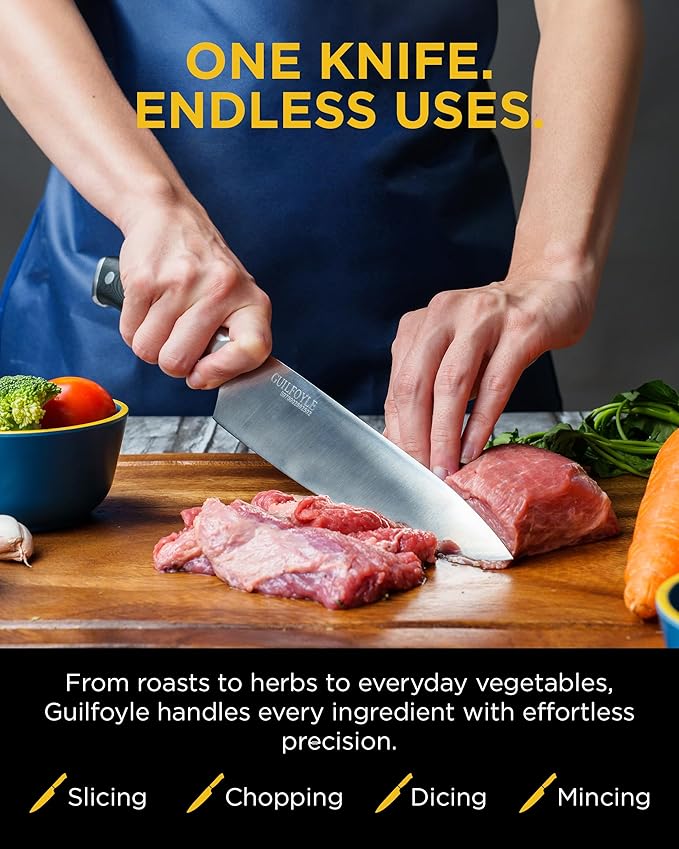 Guilfoyle Chef Knife 8 Inch – Stainless Steel Kitchen Knife with Ergonomic Handle & Full Tang – Cooking Gifts for Home Chefs – Gift Box Included