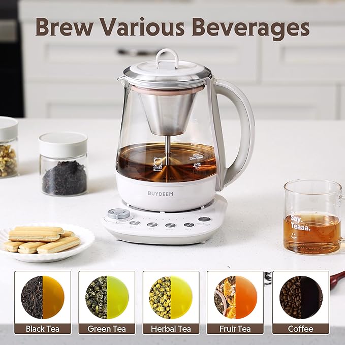 BUYDEEM K156 Tea Maker, Electric Kettle for Coffee and Tea Brewer, 6 Brew Strength Selection for Extracting, 4 Temperature Settings, Boil Dry Protection, 2 Hours Auto Keep Warm, Oat White, 1.5L/1.6QT
