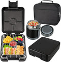 Bento Lunch Box Set for Kids with 10oz Soup Thermo, Leak-Proof Lunch Containers with 4 Compartment, Kids Thermo Hot Food Jar and Insulated Lunch Bag for Kid to School,BPA-Free(Black)