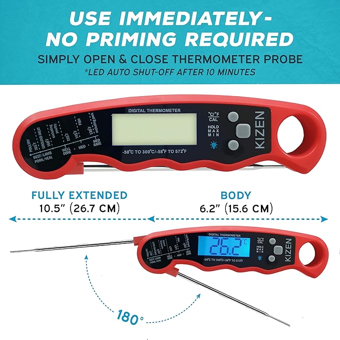 KIZEN Instant Read Meat Thermometer Digital - Food Thermometer for Cooking, Grill, Oven, BBQ - IP67 Rated Waterproof - Large Backlit Display and Magnetic Back
