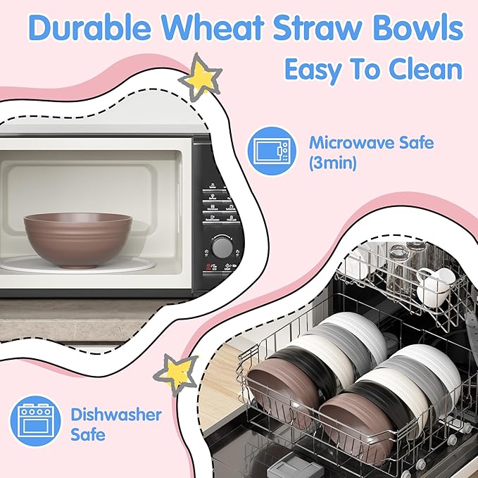 Quatish 16 PCS Unbreakable Cereal Bowls,Dishwasher & Microwave Safe Wheat Straw Bowls, Easy-to-Clean Lightweight Snack & Soup Bowl,Multi-Color Portable for Picnics Plastic Bowls Set, Brown