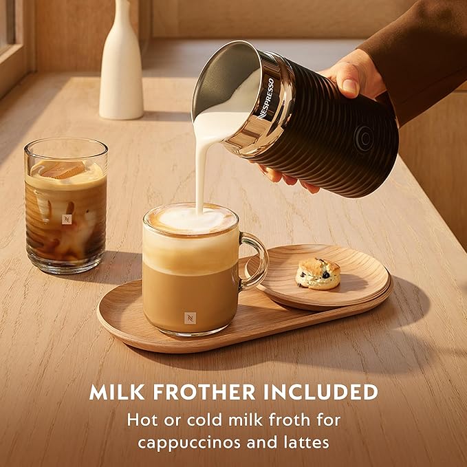 Nespresso Festive Vertuo Pop+ Deluxe Coffee and Espresso Maker by Breville with Milk Frother, Matte Black Gold