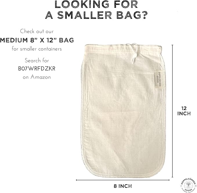 (2-Pack, Large 12in x 12in) Organic Cotton Cold Brew Coffee Bag - Designed in California - Reusable Coffee Filter with EasyOpen Drawstring Cold Brew Maker for Pitchers, Mason Jars, & Toddy Systems