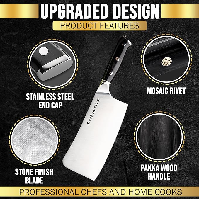 SliceElite Slice Series 7 Inch Bone Cutting Kitchen Knife High Carbon German Steel Blade Pakkawood Handle Butcher Chopper Cleaver Vegetable Fruit Tool Heavy Duty Kitchen BBQ Gift Sharpest Chef
