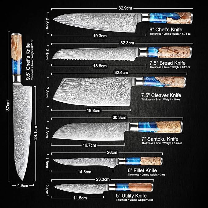 SENKEN 7-Piece Damascus Kitchen Knife Set - Tsunami Collection - 67-Layer Japanese VG10 Steel - Chef's Knife, Cleaver, Santoku, Bread, Boning, & More