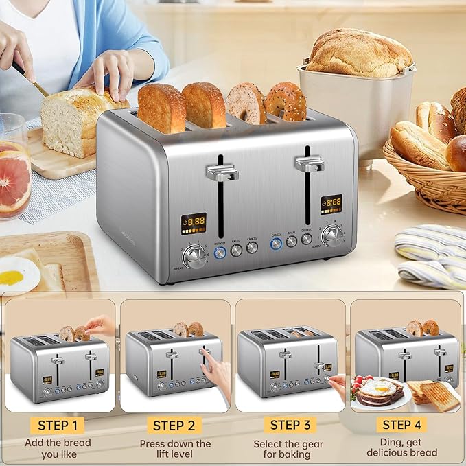 SEEDEEM 4 Slice Stainless Toaster - Color LCD Display, 7 Shade Settings, 1.5'' Wide Slots with Bagel/Defrost/Reheat Functions, Removable Crumb Tray, Silver Metallic, 1800W