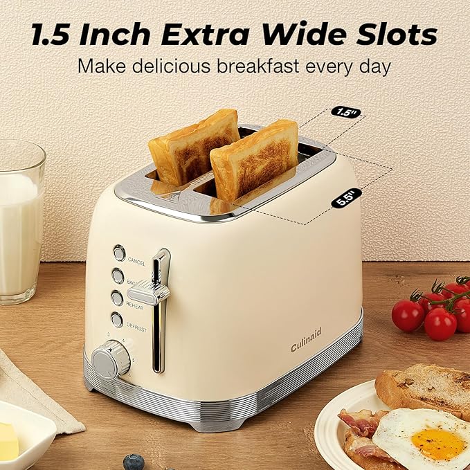 Toaster 2 Slice Retro Stainless Steel with 1.5” Extra Wide Slots Bagel, Defrost, Reheat, Cancel Functions, 6 Bread Shade Settings, Removable Crumb Tray, Cream White