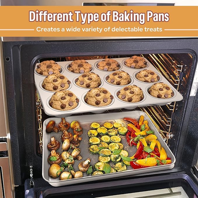 E-far 6-Piece Baking Pans set, Stainless Steel Bakeware Set for Oven, Include 8-Inch Cake Pan/Rectangle Baking Cookie Sheet/Muffin/Loaf Pan, Non-Toxic & Heavy Duty, Dishwasher Safe