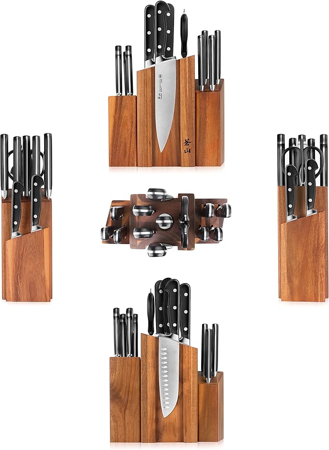 Cangshan TV2 Series 1023046 Swedish 14C28N Steel Forged 14-Piece DENALI Magnetic Knife Block Set, Acacia