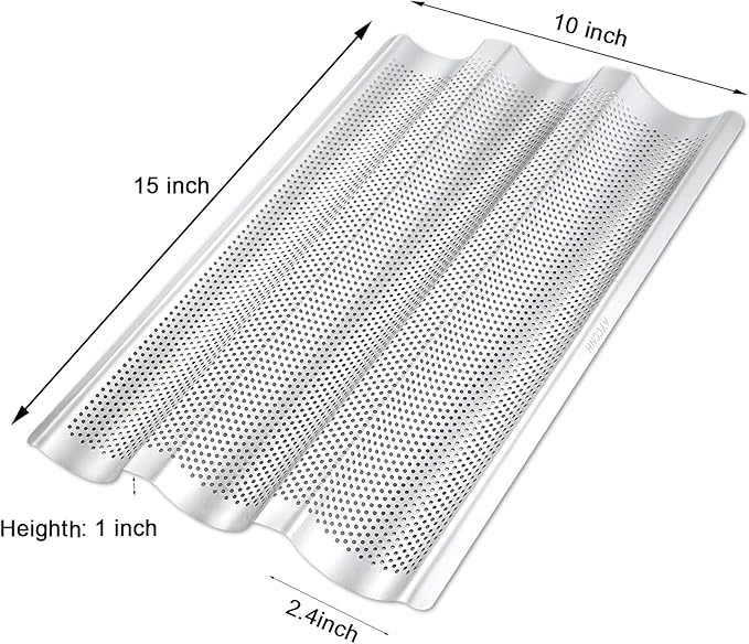 Stainless Steel French Baguette Bread Pan, Perforated Loaf Pans for Baking 15"x10", 3 Waves Toaster Oven Baking Tray (1 Pack)