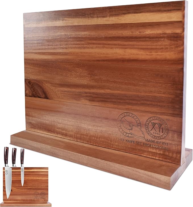 XYJ Authentic Since 1986, Magnetic Knife Block, Double Side Kitchen Knife Stand, Acacia Wood, Magnetic Knife Holder with Strong Enhanced Magnets,Knives Storage Rack Stand for Home Kitchen