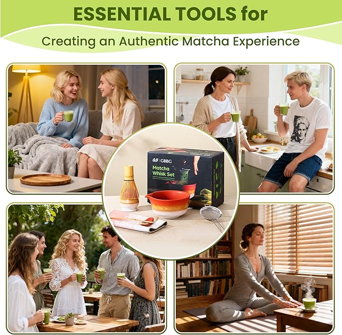 Matcha Whisk Set, Ceramic Matcha Set Desert Series, Matcha Bowl, Matcha Whisk and Holder, Bamboo Scoop, Scoop Rest, Sifter and Tea Towel 7 Pcs Matcha Kit for Birthday Christmas Gift (Matte Soil)