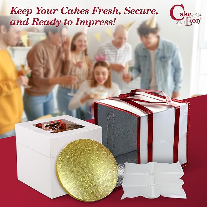 Cakebon Cake Box and Boards, 10-Inch Round Gold Smooth Edges 1/2- Inch Thick Drums with Insulated Bag and Ice Pack – Cake Transport Set, Cooler for Cake Delivery and Transport (1pc Each, 4pcs Total)