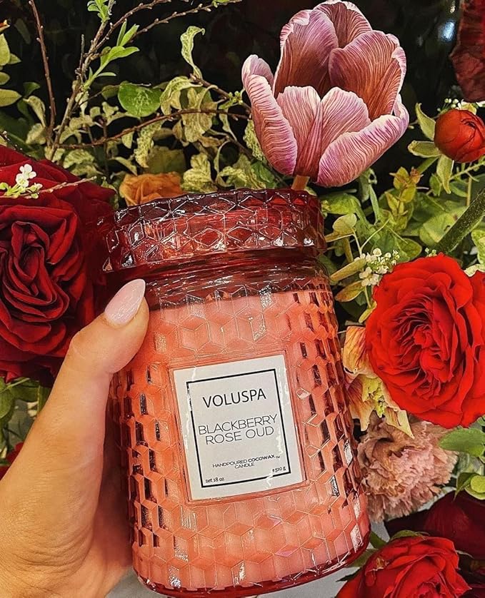 Voluspa BlackBerry Rose Oud Candle | Large Glass Jar Candle with Lid | 18 Ounces | 100 Hour Burn Time | Coconut Wax for Clean Burning | Handcrafted in The USA | Non-Toxic