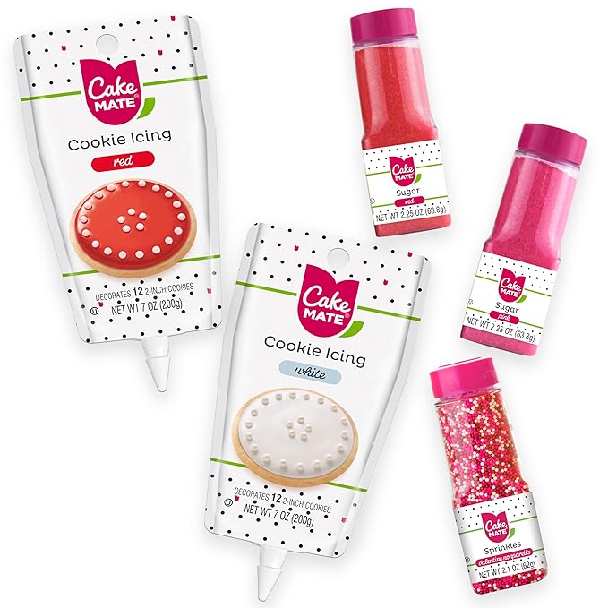 Cake Mate Cookie Dessert Decorating Kit – Red & White Cookie Icing, Red & Pink Sanding Sugar, Nonpareil Sprinkles – Perfect for Birthday Parties, Gender Reveals, Valentine's Day, and More
