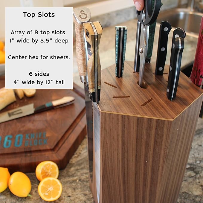 360KnifeBlock® MAX (walnut) ROTATING Magnetic Knife Block - MAX 12" tall with an array of top slots SeriousEats/Food&Wine/ATK BEST Universal Knife Block - handmade in Washington