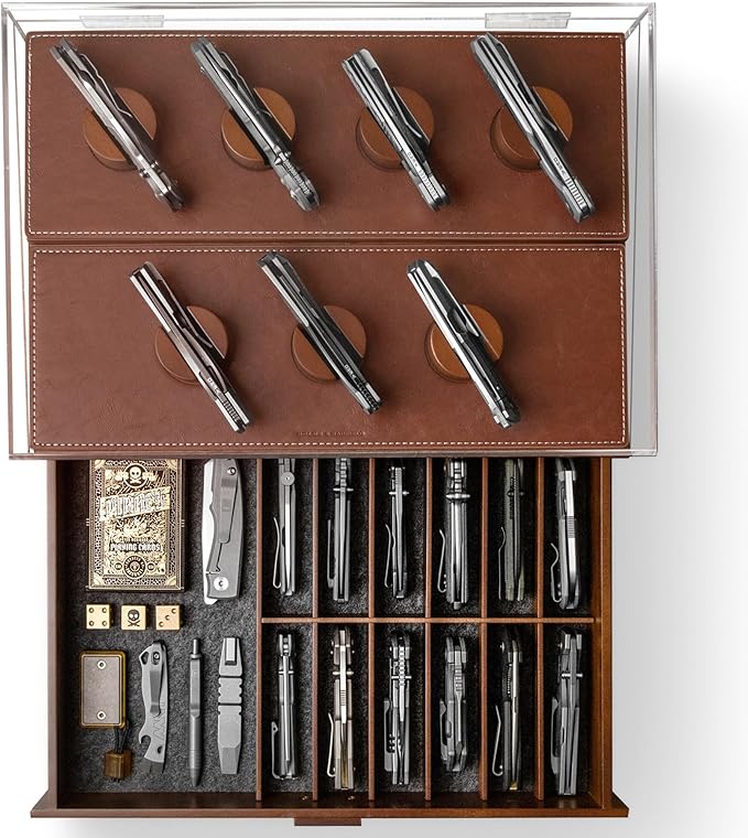 Premium Pocket Knife Display Case for 30 Knives - Large Wooden Knife Organizer, Storage & Holder with Unique Pillars, Hinged Cover, Drawer - Knife Collection Box - Handcrafted for Men