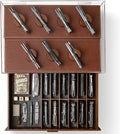 Premium Pocket Knife Display Case for 30 Knives - Large Wooden Knife Organizer, Storage & Holder with Unique Pillars, Hinged Cover, Drawer - Knife Collection Box - Handcrafted for Men