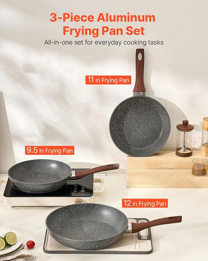 VEVOR Frying Pan Skillet，Nonstick Granite Egg Pan Omelet Pans, 3 Piece Set (9.5, 11, 12 in), Nonsitck Heavy-Duty Skillets with Heat-Resistant Handle, for Gas, Electric, Induction