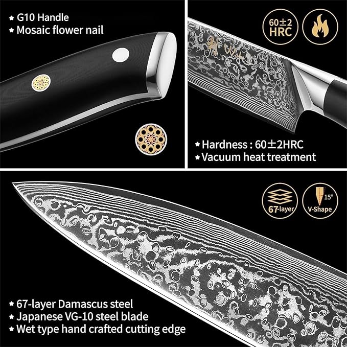 Wakoli Knife Block Sets – 5-Piece Professional Damascus Kitchen Knife Set with Magnetic Block | G10 Handles & VG10 Core | Gift Box (Elite Cuisine)