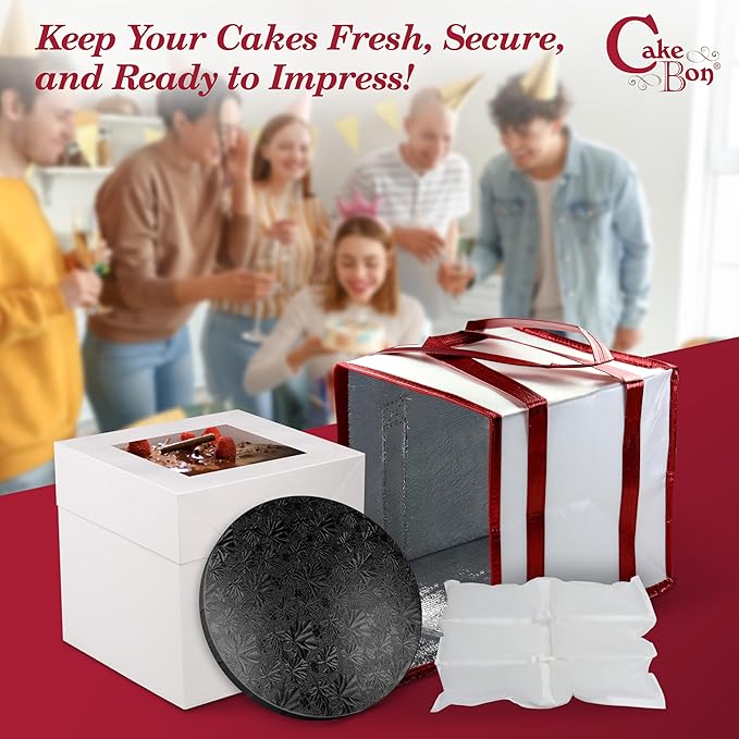 Cakebon Cake Box and Boards, 12-Inch Round Black Wrapped Edges 1/2- Inch Thick Drums with Insulated Bag and Ice Pack – Cake Transport Set, Cooler for Cake Delivery and Transport (1pc Each, 4pcs Total)