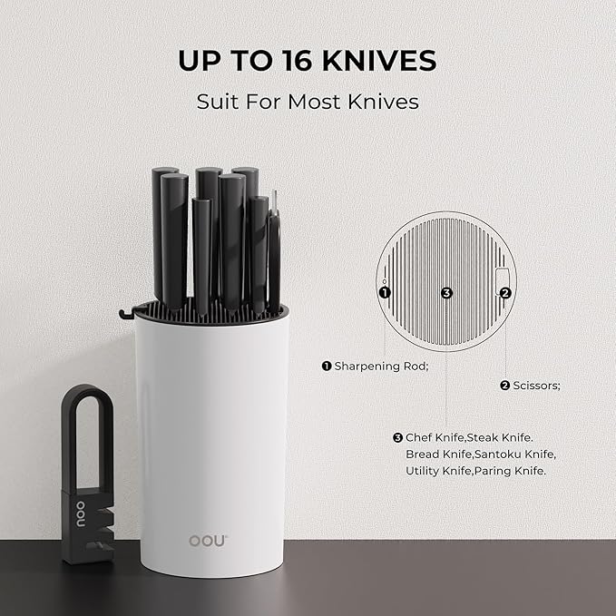 OOU Universal Knife Block Holder - Round Kitchen Knife Storage Unique Slot Design to Protect Blades, Space Saver Knife Organizer Detachable for Easy Cleaning, White