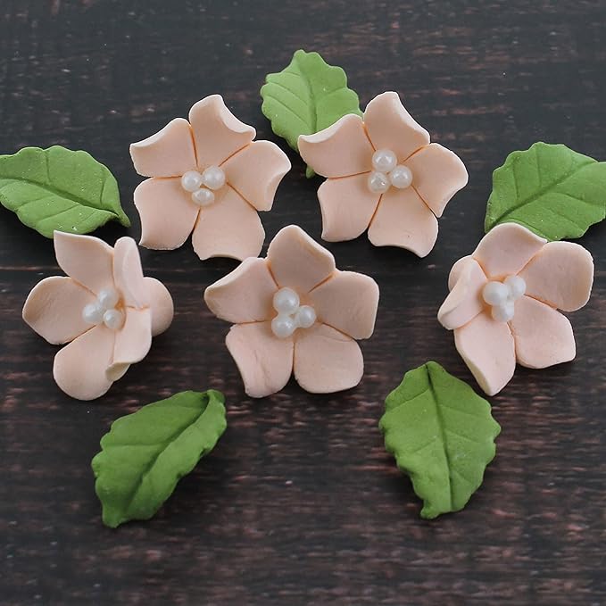 Global Sugar Art Blossoms and Leaves Edible Sugar Cake & Cupcake Flowers, Peach, Small Unwired, 24 Count with leaves by Chef Alan Tetreault