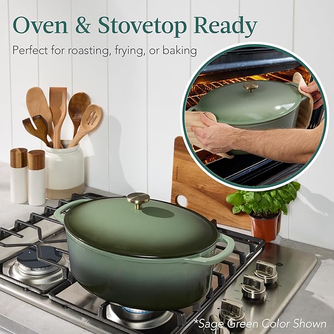 Best Choice Products Oval 7.5 Quart Enamel Cast-Iron Dutch Oven, Heavy-Duty Pre-Seasoned for Baking, Cooking w/Side Handles – Deep Olive Green