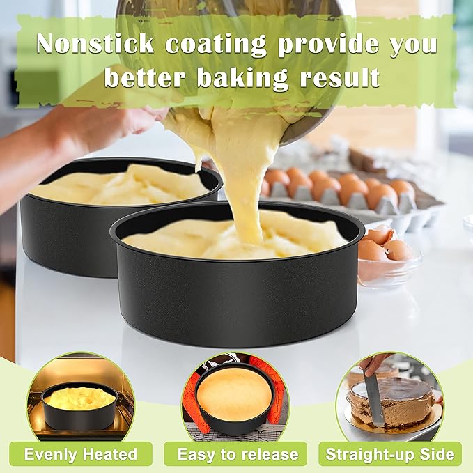 E-far 8 x 3 Inch Cake Pan Set of 2, Nonstick Stainless Steel Round Cake Pans Tin for Baking Birthday Wedding Layer Cakes, Stainless Steel Core & Non-toxic Coating, Deep & Straight Side