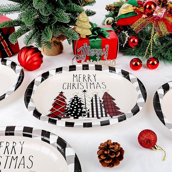 WDF 50Pack Christmas Paper Plates - 10"x12" Christmas Tree Plates Christmas Oval Paper Checkered Plates - Dinner Size Large Disposable Platter Heavy Duty for Happy Christmas Serving