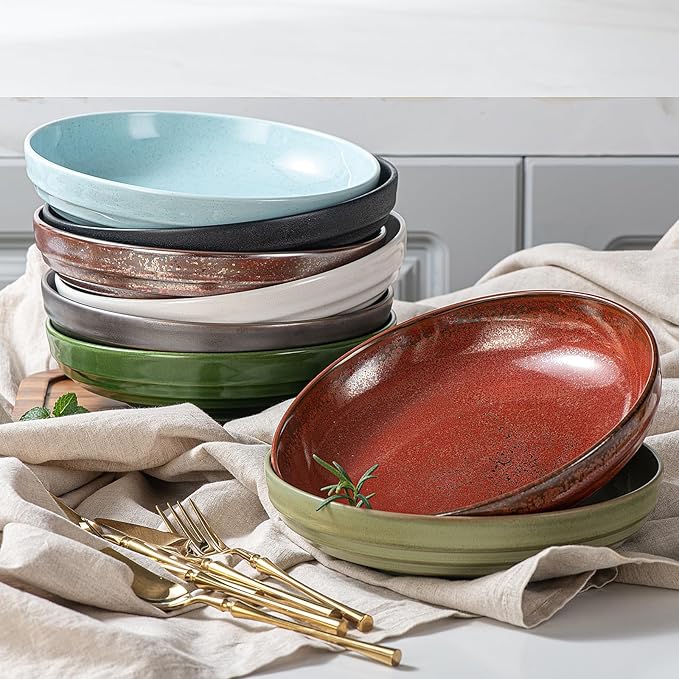 HAPPY KIT Stoneware Pasta Bowls 9'', Set of 4, 42 Oz, Reactive Glaze Large Salad Bowls, Ceramic Serving Bowls for Fruit,Soup,Noodle, Dinner, Scratch Resistant, Bronze Gray