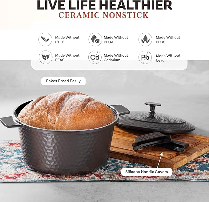 Gotham Steel Hammered 5 Qt Lightweight Dutch Oven Pot with Lid & Holders, Ceramic Non Toxic, Oven Safe & Even Heat Retaining Dutch Oven for Bread Baking Sourdough, Soup, 70% Lighter than Cast Iron