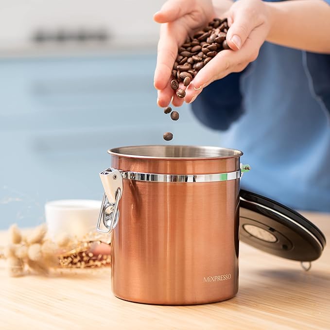 Mixpresso Gooseneck Pour Over Coffee Kettle, Barista Pour Control Design, High-Grade Stainless Steel 1.2 Liter Bundle With Bronze Stainless Steel Airtight Coffee Container with Date Tracker For Coffe