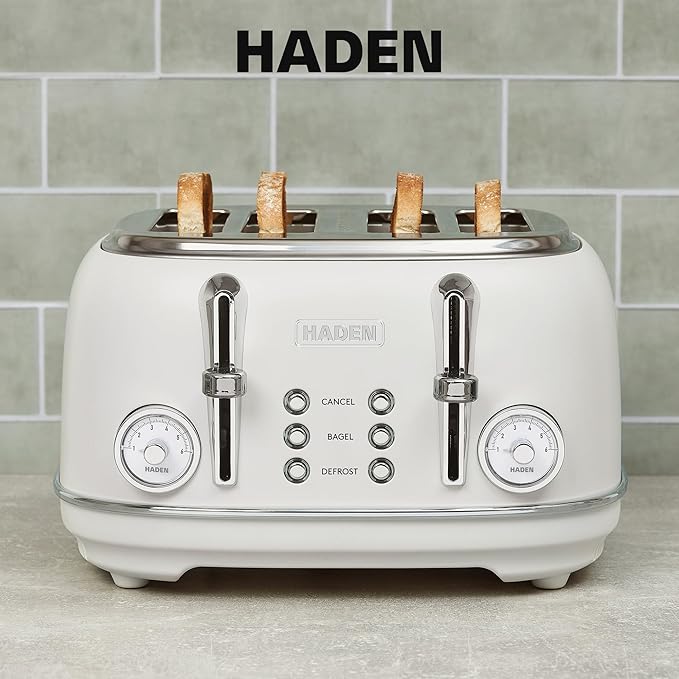 Haden Chelsea 4 Slice Wide Slot Toaster with Adjustable Browning Control, Ivory & Chrome