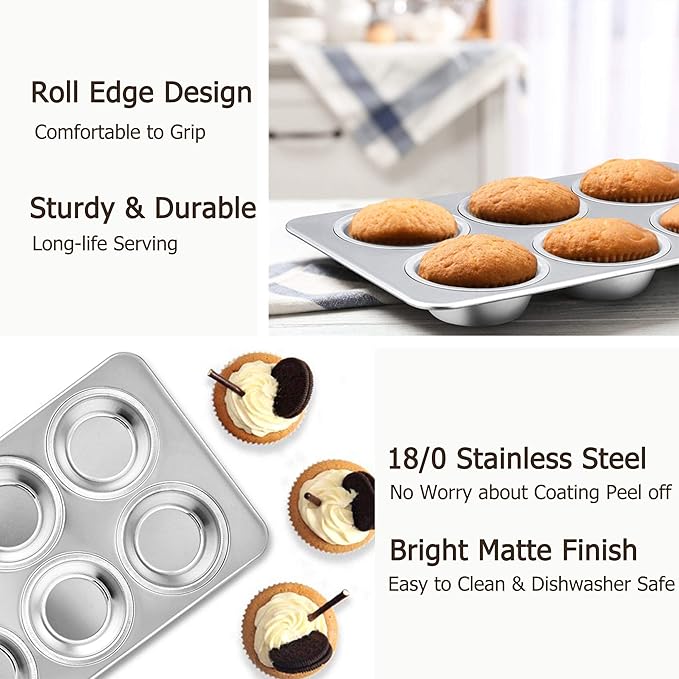 TeamFar 2 Packs Muffin Pan, Stainless Steel Muffin Cupcake Pan Tin Tray for Baking, for Mini Cakes/Tarts/Quiche, Healthy & Sturdy, Oven & Dishwasher Safe (6-Cup)