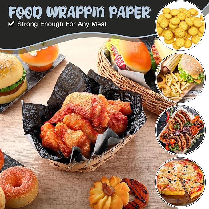 Outus 600 Pcs 8 x 10 inch Deli Wax Paper Sheets Grease Resistant Tray Basket Liners Newsprint Paper Water and Grease Proof Sandwich Wrapping Square Hot Dog Wrappers for Food Baking(Black)