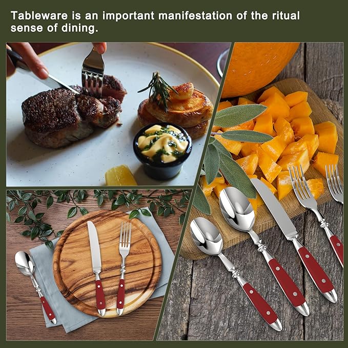 Retro 20-Piece Silverware Set, 304 Riveted Stainless Steel Flatware Set, Vintage Cutlerywith Red Bakelite Handle, Dishwasher Safe| Service for 4