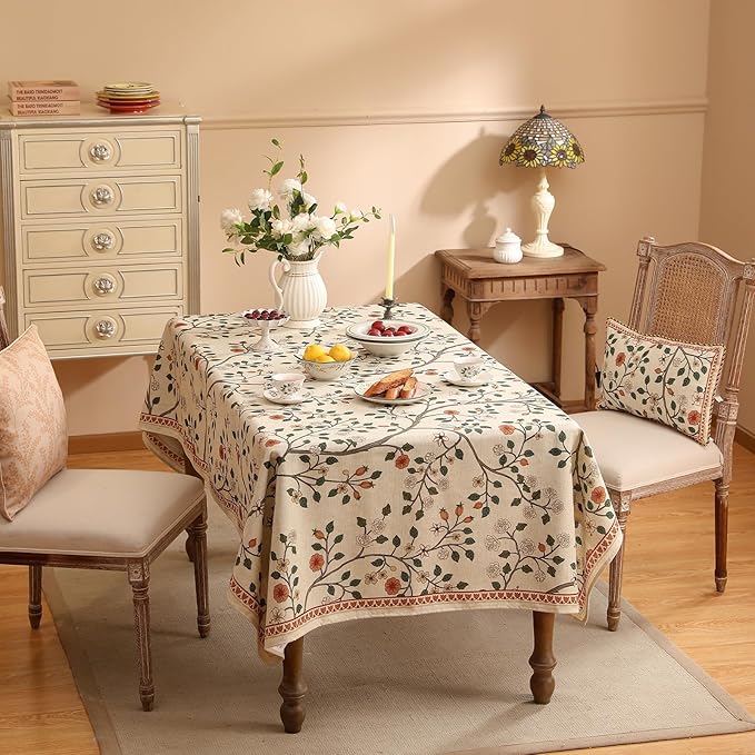 ISAENNE Designer Floral Extra Long Rectangle Tablecloth,French Linen Light Beige Indoor Table Cloth,Fall Wrinkle Resistant Decor Tablecloths for Dining Thanksgiving Kitchen,67"*118"-Flora A