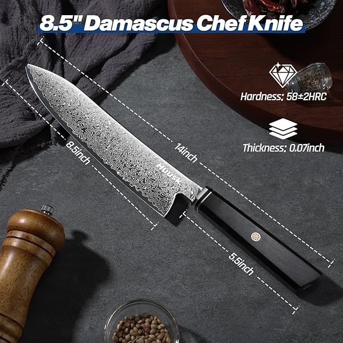 Huusk Damascus Chef Knife 8 Inch, 67-Layers Damascus Kitchen Knives with Ergonomic Wood Handle, Ultra Sharp Japanese Knife, Professional Cooking Knives for Home Kitchen Gift Idea