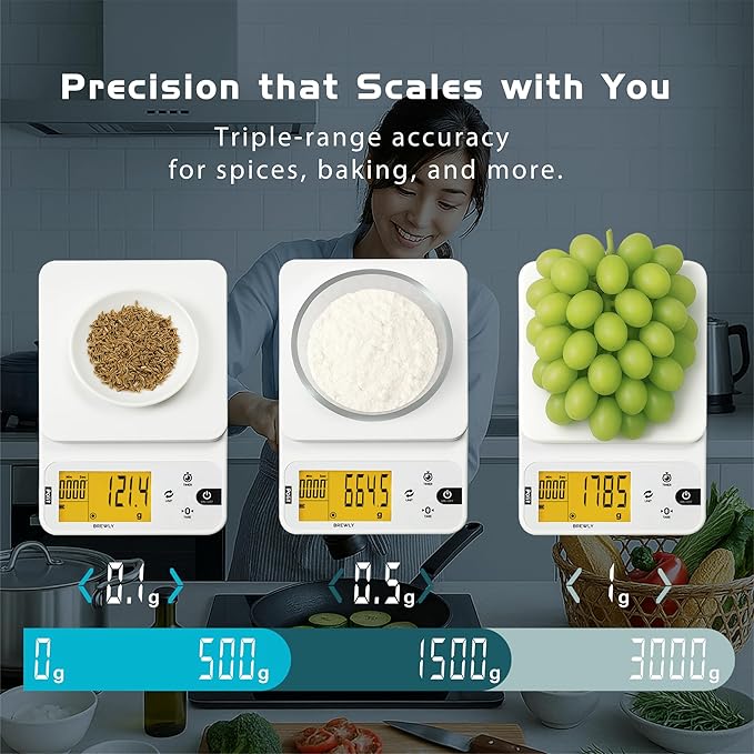 Polit Brewly Digital Coffee Scale with Timer｜6.6lb/3000g Espresso Scale 0.1g/0.005oz Triple-Range Precision｜USB-C or Battery｜Dual Timer Modes｜Small Travel Kitchen Scale for Pour-Over, Brewing & Baking