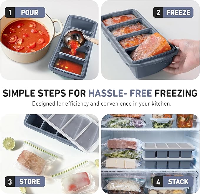 Silicone Freezer Tray with Lid Soup Freezer Container Molds with Steel Reinforced Rim Large Ice Cube Tray Makes 8 Perfect 1 Cup Portions Cubes Storage Food Ice Block Molds New Home Essentials
