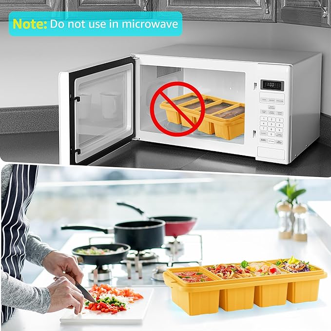 Silicone Freezer Tray With Lid - Silicone Freezer Food Molds- Large Ice Cube Tray,Silicone Freezer Container,Freeze & Store Soup, Sauce, Broth,Leftovers - Makes 4 Perfect 1 Cup