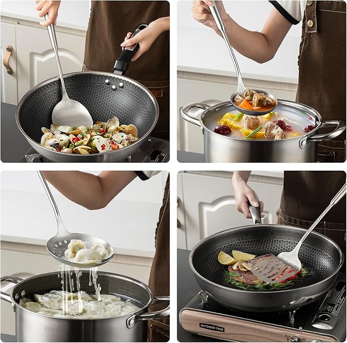 5 Pieces Cooking Utensils set, 18/8 Stainless Steel Kitchen Utensil Set with Rotating Holder (Dishwasher Safe)