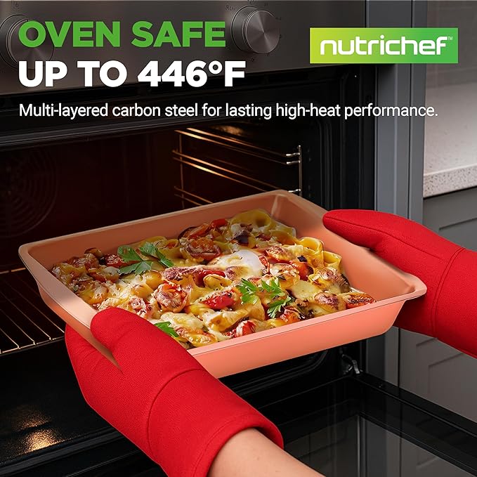 NutriChef 5‑Piece Non‑Stick Bakeware Set – Premium Carbon Steel Baking Pans Set with Silicone Handles, Stackable Oven Pan Set for Cookies, Sheet Cakes, & Roasting