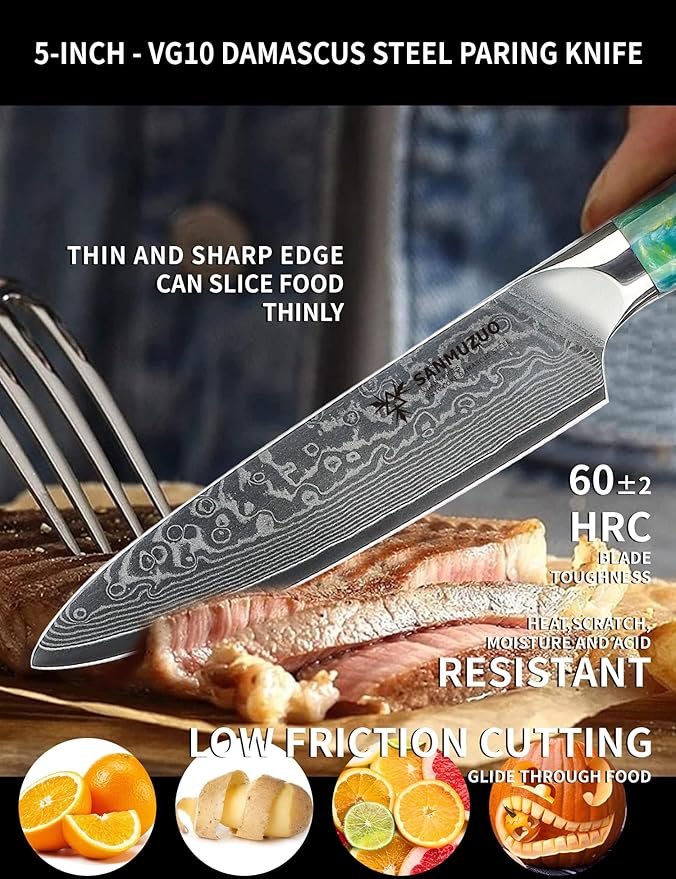 5 Inch Kitchen Utility Knife - Xuan Series Kitchen Knives - VG10 Damascus Steel with Resin Handle (Jade Green)