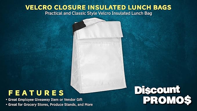 DISCOUNT PROMOS 10 Hook and Loop Insulated Lunch Bags Set - Polyester, Durable, Vibrant, Reusable - White