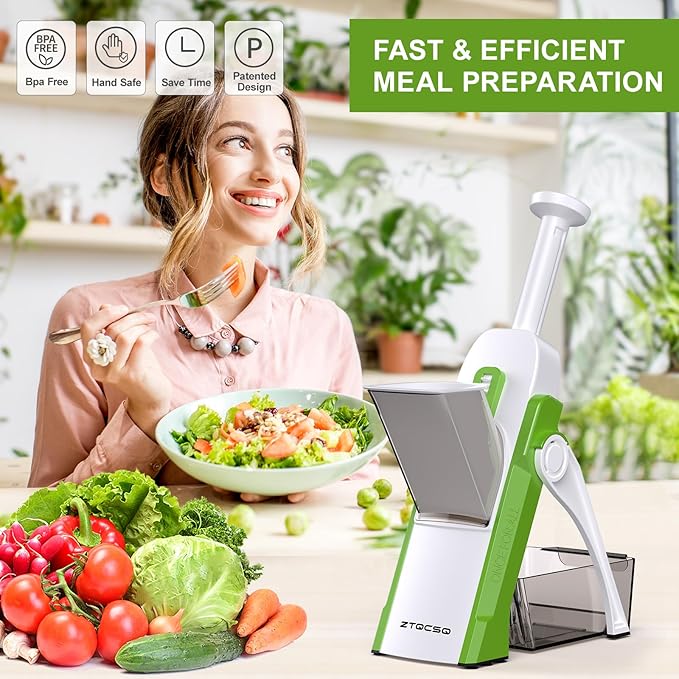 Safe Mandoline Slicer for Kitchen, Potato Slicer, Meal Prep, Adjustable/Easy to Clean/Storage, Kitchen Chopping Artifact, Paring Knife/Cleaning Brush (only Slice, Avocado Green)