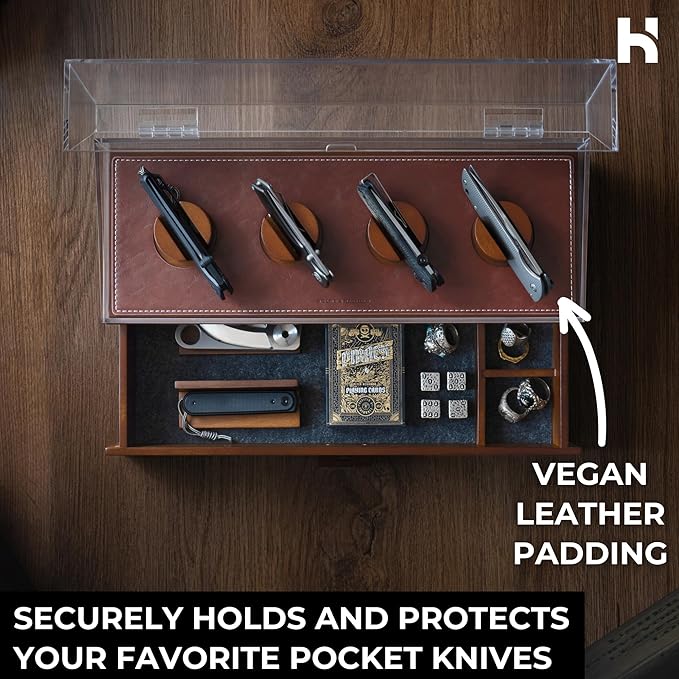 Premium Pocket Knife Display Case for 10 Knives - Wooden Knife Organizer, Storage & Holder with Unique Pillars, Hinged Cover, Drawer - Knife Collection Box - Handcrafted for Men