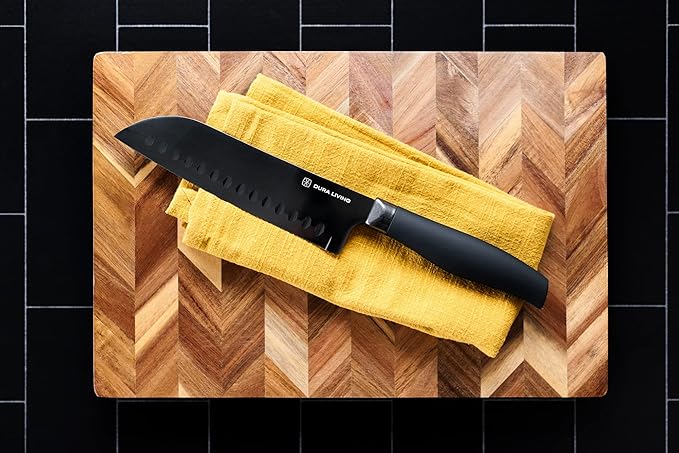 DURA LIVING Santoku Knife - 7 Inch Black Nonstick Titanium Plated Stainless Steel Ultra Sharp Blade, With Ergonomic Comfort Grip Handle Asian Chef's Knife, With Matching Sheath