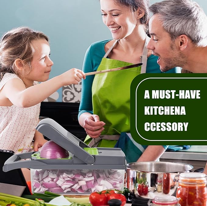 Multifunctional vegetable cutter 26 in 1 vegetable slicer, cucumber slicer, potatoes, tomatoes, zucchini, garlic, eggs, vegetable cutter with container and lid, salad cutter, dicing machine, shredder